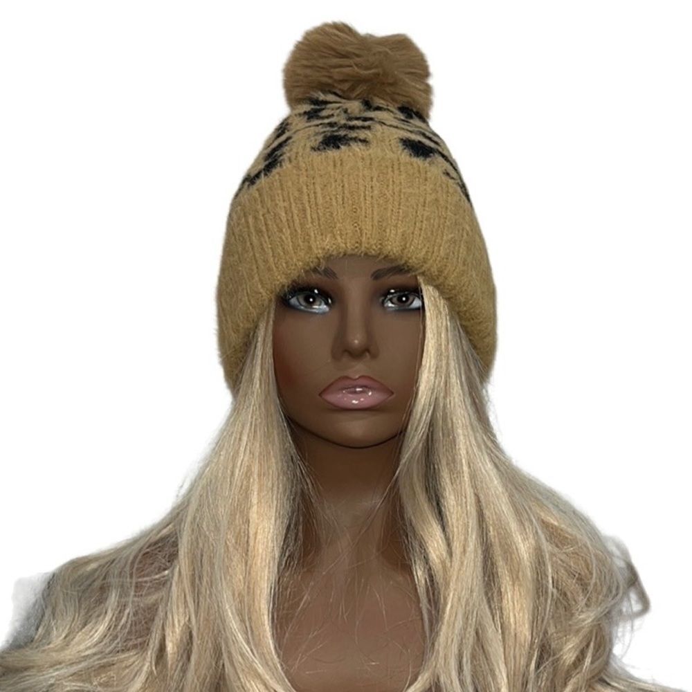 Ashley Stewart Brushed Animal Print Pom Pom Hat